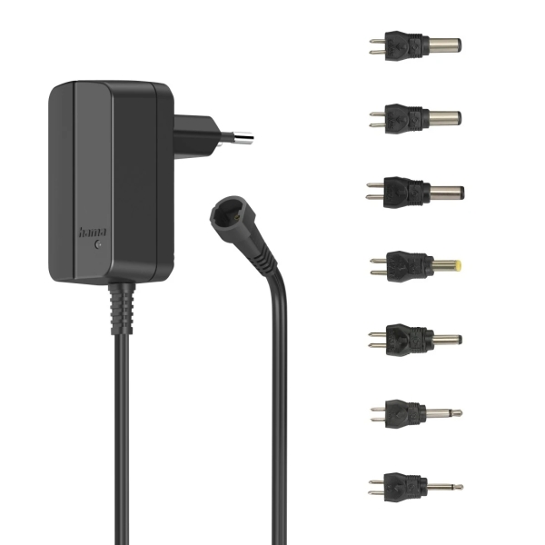Hama Fuente de Alimentacion Multidispositivo - Potencia 7.2W - Indicador LED - 7 Adaptadores - Intensidad Maxima 0.6A - Voltaje Ajustable - Color Negro