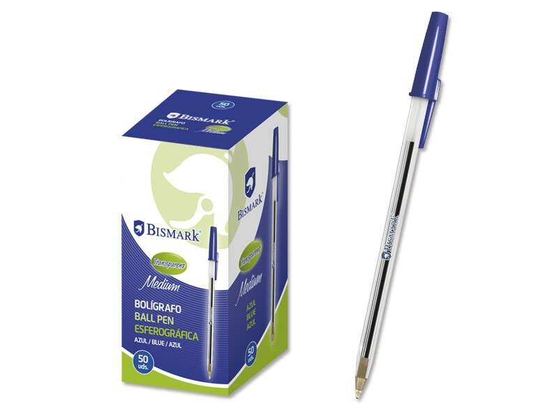 Bismark Boligrafo de Bola - Punta Redonda - Capuchon y Tapon del Color de la Tinta - Color Azul · Pack de 50 uds.