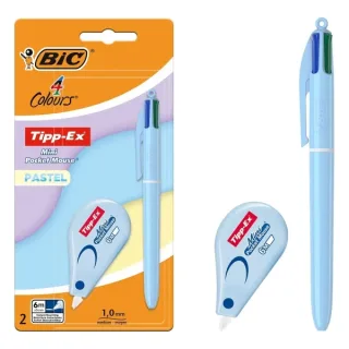 Bic 4 Colours Pastel Pack con 1 Boligrafo de Bola Retractil 4 Colores + Corrector Tipp-Ex Mini Pocket Mouse Pastel 5mmx6m - Punta Media de 1.0mm - Tinta con Base de Aceite - Cuerpo en Color