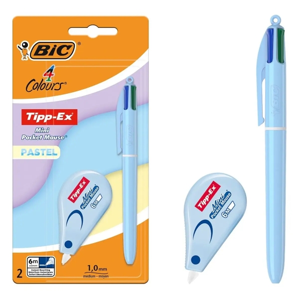 Bic 4 Colours Pastel Pack con 1 Boligrafo de Bola Retractil 4 Colores + Corrector Tipp-Ex Mini Pocket Mouse Pastel 5mmx6m - Punta Media de 1.0mm - Tinta con Base de Aceite - Cuerpo en Color