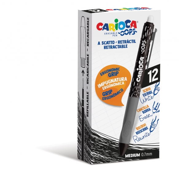Carioca Oops Boligrafo Borrable Retractil - Tinta Termo Sensible - Empuñadura Ergonomica Triangular - Punta de Ø 0.7mm - Recambios Compatibles - Color Negro · Pack de 12 uds.