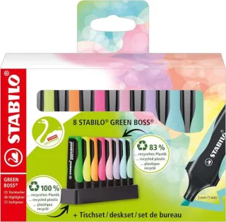Stabilo Green Boss Set de Mesa de 8 Marcadores Fluorescentes - Fabricado con un 83% de Plastico Reciclado - Trazo entre 2 y 5mm - Recargable - Colores Surtidos