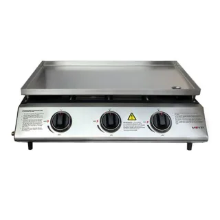 Muvip Plancha de Asar de Gas - 3 Quemadores - Panel de Control y Plancha de Acero - Bandeja Recoge Grasas - Llama Regulable - Superficie Antiadherente