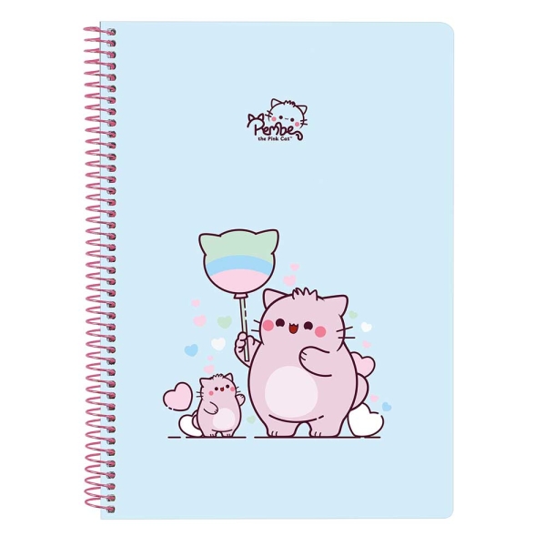 Safta Pembe The Pink Cat Libreta con Espiral - Formato Cuarto - 80 Hojas de Papel 80g/m2 - Cuadriculas 4x4mm - Tapas Duras Glasofonadas - Margen Lateral - 155x10x220mm - Color Azul Claro