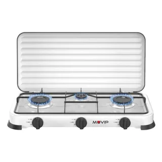 Muvip Vulcano Cocina de Gas con 3 Fuegos - Tapa Protectora - Patas de Goma - Superficie Esmaltada - Quemador Extraible - 57.7x27.8x5.3cm - Color Blanco