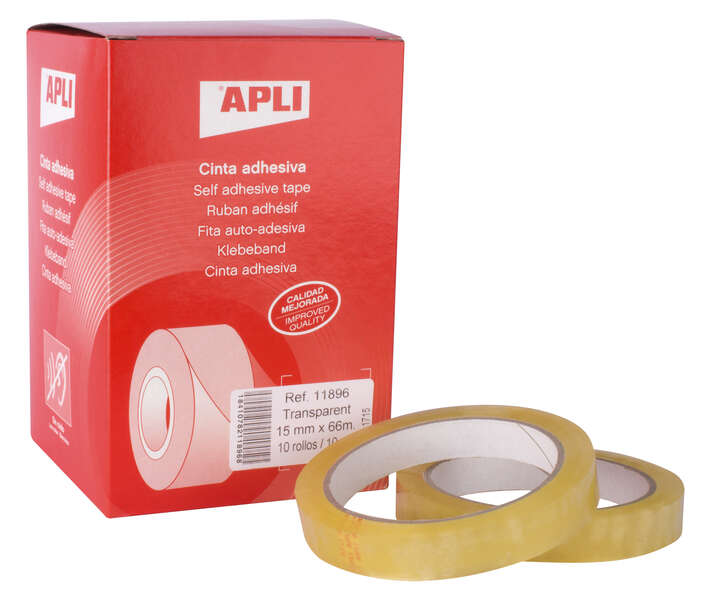 Apli Cinta Adhesiva Transparente 15mm x 66m - Resistente al Agua y a la Intemperie - Facil de Cortar con las Manos - Ideal para Manualidades y Embalaje Transparente · Pack de 10 uds.