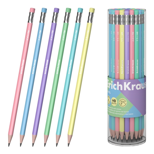 ErichKrause Pastel Lapiz de Grafito con Goma de Borrar - Mina HB - Cuerpo Triangular - Agarre Ergonomico - Colores Surtidos · Pack de 42 uds.