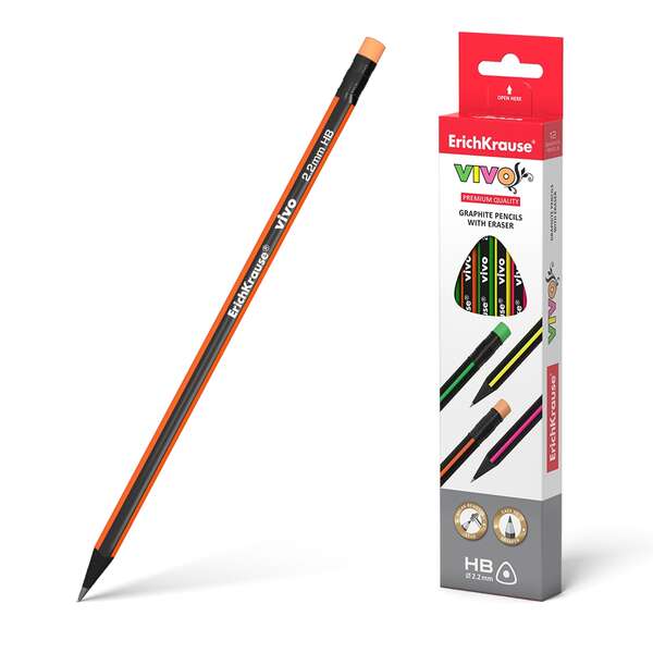 Erichkrause Vivo HB Lapiz de Grafito Triangular con Goma de Borrar - Madera Seleccionada - Alta Resistencia al Impacto - Facil Afilado - Cuerpo de Colores Surtidos · Pack de 12 uds.