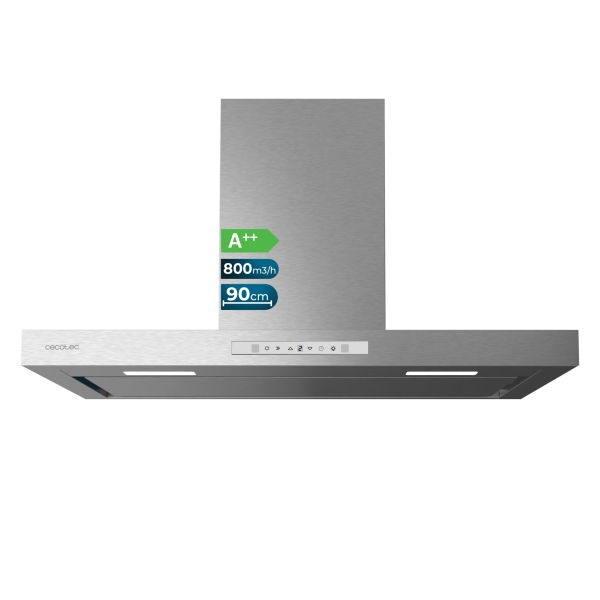 Cecotec Bolero Flux TT 908000 Slim Glass White A++ Campana Extractora de 90cm - 210W - Succion 800m3/h - Luz LED - Pantalla LED - Incluye Accesorios - Acero Inoxidable - Filtros de Carbono -