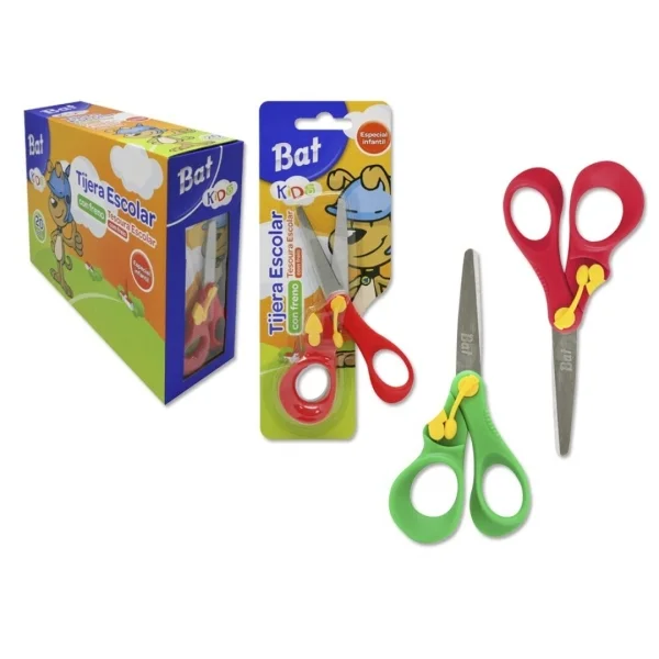 Bismark Bat Tijera Escolar 13cm con Freno Quality - Mangos en Plastico - Punta Roma - 2 Colores Surtidos · Pack de 20 uds.