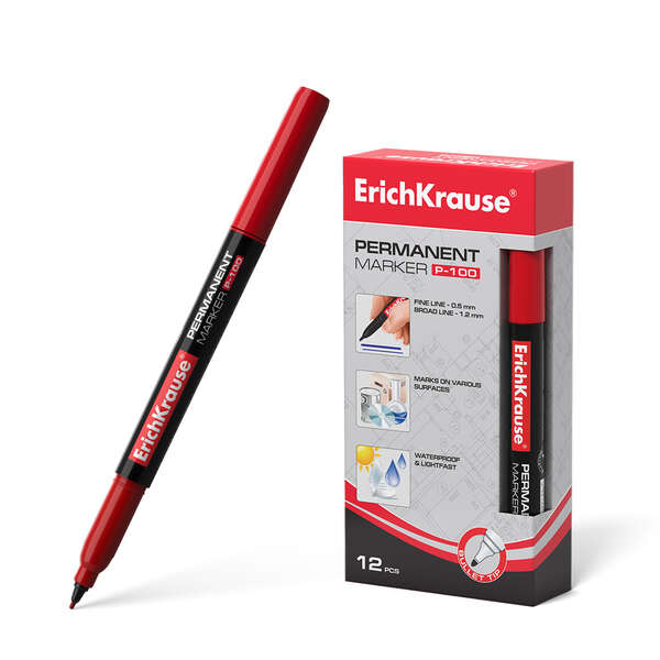 Erichkrause P-100 Marcador Permanente - Punta Fina - Trazo de 0.5 a 1.2mm - Resistente al Agua y a los Rayos UV - Color Rojo · Pack de 12 uds.