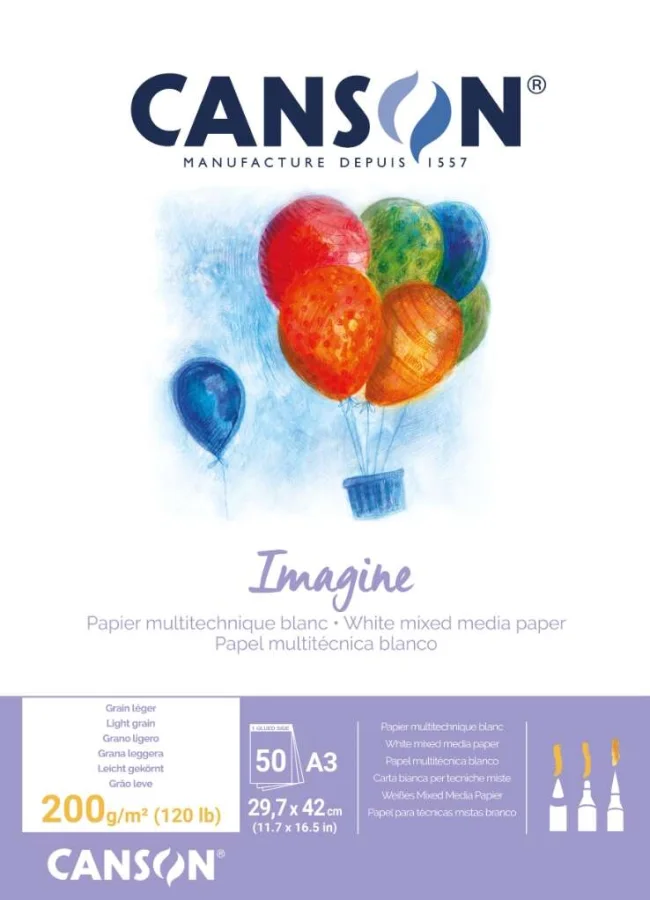 Canson Imagine Bloc Encolado de 50 Hojas A3 - Grano Fino - 29.7x42cm - 200g - Color Blanco
