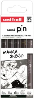Uni-ball Uni Pin Manga Shojo Pack de 5 Rotuladores Calibrados 0.03, 0.1, 0.5, Brush Gris y EFB Negro - Punta Poliacetal - Tinta Pigmentada Resistente al Agua y Luz - Colores Negro y Gris Osc