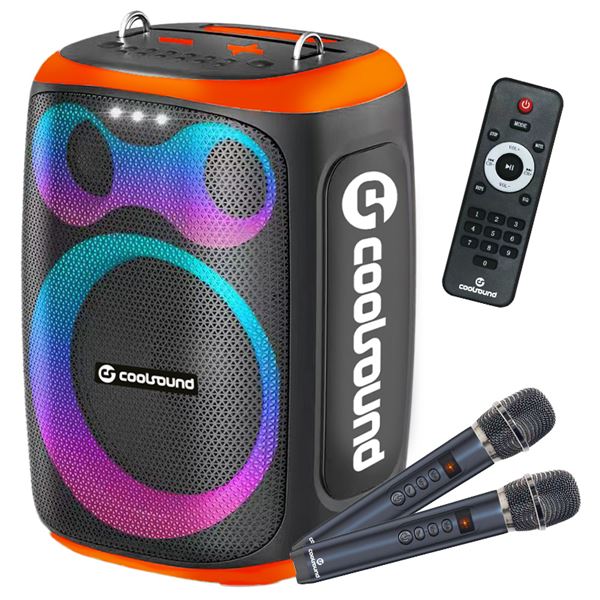 Coolsound Blast Altavoz Karaoke - 8" - 60W RMS - Iluminacion RGB - Bluetooth, USB, Tarjeta TF y Auxiliar - 2 Microfonos Inalambricos Incluidos - Mando a Distancia - Color Naranja