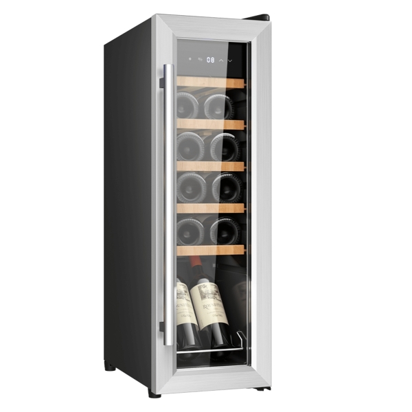 Cecotec Bolero GrandSommelier 1250 CoolWood Compressor Vinoteca para 12 Botellas - Capacidad 0.75L - Luz LED - Temperatura Regulable - Control Tactil - 25.2x45x79.5cm - Color Acero