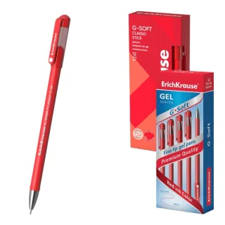 ErichKrause G-Soft Stick Classic Boligrafo con Capuchon - Punta de 0.38mm - Trazo 0.25mm - Tinta de Gel - Resistente al Agua - Secado Rapido - Color Rojo · Pack de 12 uds.