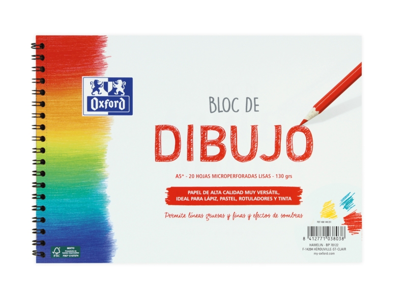 Oxford Dibujo Escolar Bloc Espiral Dibujo A5+ - Tapa Blanda/Contratapa Rigida - 20 Hojas 130gr Liso · Pack de 5 uds.