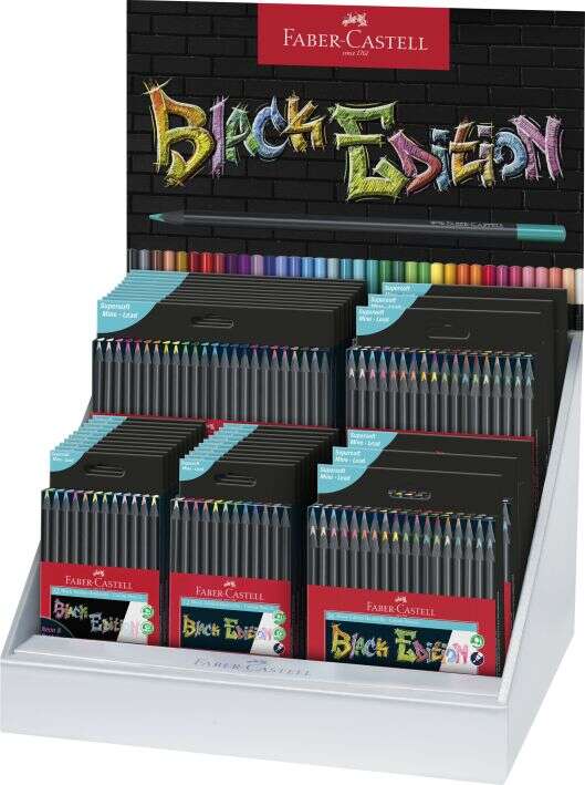 Faber-Castell Black Edition Expositor con 36 Estuches Surtidos de Lapices de Colores - Mina Supersuave - Madera Negra - Ideales para Dibujo sobre Papel Claro, Oscuro y de Colores - Colores S