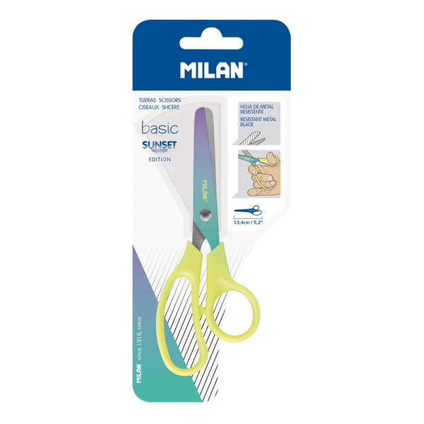 Milan Basic Sunset Tijeras de 13.4cm - Mango Ergonomico - Punta Redondeada - Hoja de Acero Inoxidable - Color Amarillo