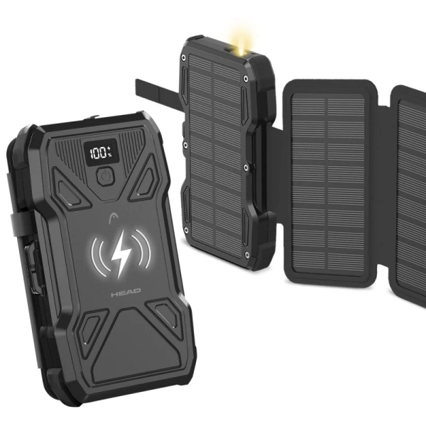 Head Powerbank Solar 10.000mAh 22.5W - Carga Solar con 5 Paneles - Con Power Delivery, Carga Simultanea, Carga Inalambrica - Pantalla LCD y Linterna - Color Negro