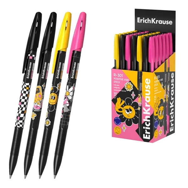 ErichKrause R-301 Stick Positive Vibe Boligrafo con Capuchon - Modelos Surtidos - Trazo 0.35mm - Tinta de Secado Rapido - Tapa Ventilada - Color Azul · Pack de 50 uds.