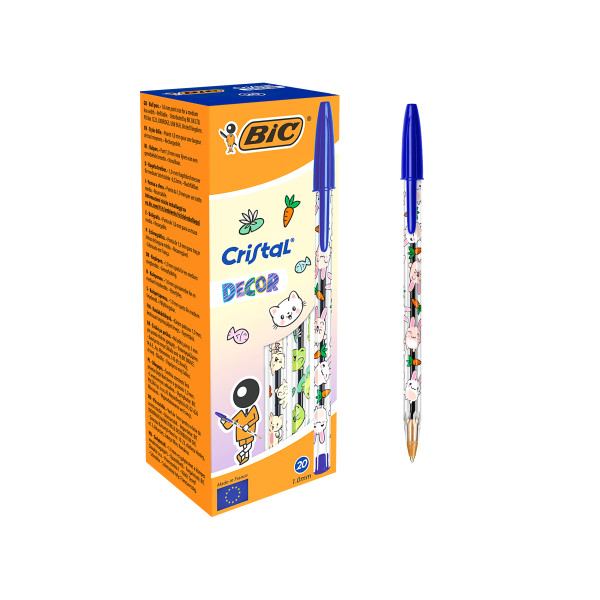 Bic Cristal Decor Kawaii Boligrafo de Bola - Cuerpo Transparente con Decoracion Kawaii - Punta redonda de 1mm - Trazo 0.4mm - Tinta con Base de Aceite - Color de la Tinta Azul · Pack de 20 u