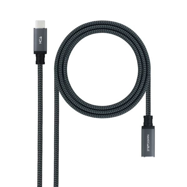 Nanocable Cable Prolongador USB-C 3.2 Macho a USB-C 3.2 Hembra - Gen2x2 20Gbp - 100W 5A - 4K 60Hz - 1 Metro - Mallado - Color Negro