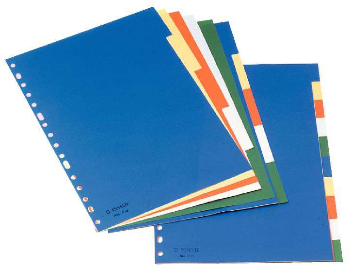 Esselte Separadores Plastico A4 con Cartulina Indice Blanco Negro - 10 Pestañas - Multitaladro - 5 Colores