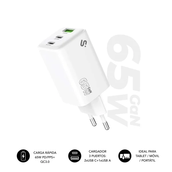 Subblim Cargador de Pared GaN 65W - 3 Puertos (2xUSB-C + 1xUSB-A) - Carga ultra rápida - Color Blanco