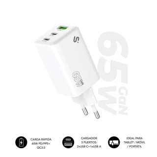 Subblim Cargador de Pared GaN 65W - 3 Puertos (2xUSB-C + 1xUSB-A) - Carga ultra rápida - Color Blanco