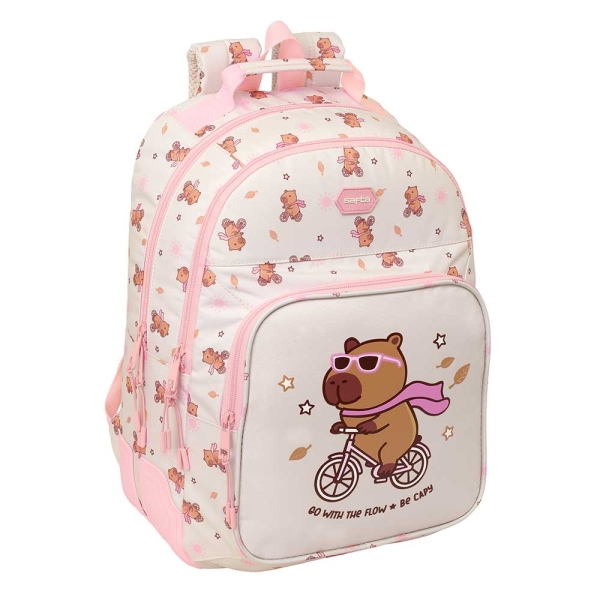 Safta Capibara Mochila - Adaptable a Carro - Bolsillo Frontal - Portabotellas - Cremallera con Doble Tirador - Asa de Mano - Hombreras y Espalda Acolchada - 32x42x15cm - Color Rosa Pastel