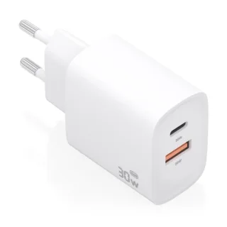 Aisens Cargador GaN 30W - USB-C PD3.0 - Tecnologia AI para Detectar Protocolo y Velocidad de Carga - Color Blanco