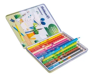 Pelikan Pack de 12 Lapices de Colores Jumbo - Caja de Metal - Triangulares - Cuerpo Decorado - Lavables - No Toxico - Colores Surtidos