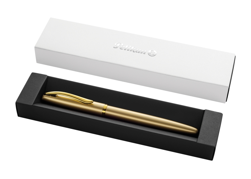 Pelikan Jazz Noble Pluma Estilografica - Punta M - Cuerpo Satinado con Detalles Cromados - Mecanismo de Cartucho Universal - Estuche de Regalo - Color Oro