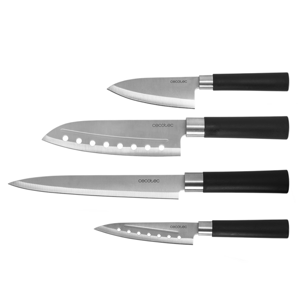 Cecotec santoku Pack de 4 Cuchillos Profesionales - Hoja de 2mm de Grosor - Acero Inoxidable con Base de Carbono - Mango Ergonomico - Estilo Japones - Estuche - Apto para Lavavajillas - Colo