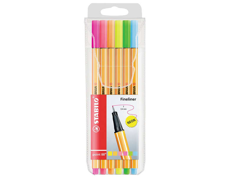 Stabilo Point 88 Pack de 6 Rotuladores de Punta Fina de Fibra - Trazo de 0.4 mm - Tinta con Base de Agua - Colores Surtidos Neon