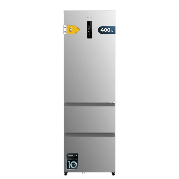 Cecotec Bolero CoolMarket Combi FD 400 Inox E Frigorifico Puerta Francesa - Capacidad 400L - Luz LED - Compresor Inverter - Acero Inoxidable - Total Nofrost - Frio Envolvente - 60x64x191cm -