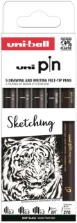Uni-ball Uni Pin Sketching Pack de 5 Rotuladores Calibrados 0.4, 0.9, 1.2, Brush y EFB - Punta Poliacetal - Tinta Pigmentada Resistente al Agua y Luz - Color Negro
