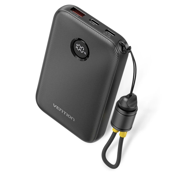 Vention Powerbank de 10000mAh - Potencia de Salida hasta 22.5W - USB-A - USB-C - Pantalla LED - Cable USB-C de 17cm - Apto para Viajes Aereos - Color Negro
