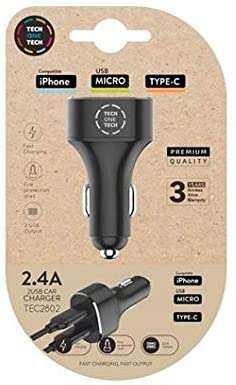 TechOneTech Cargador Doble de Coche USB-A - Alto Rendimiento