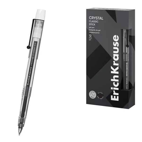 ErichKrause Crystal Stick Classic Boligrafo con Capuchon - Punta de 0.5mm - Trazo 0.4mm - Tinta de Gel - Resistente al Agua - Secado Rapido - Color Negro · Pack de 12 uds.