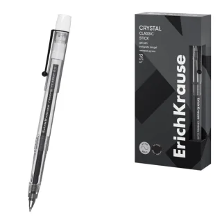 ErichKrause Crystal Stick Classic Boligrafo con Capuchon - Punta de 0.5mm - Trazo 0.4mm - Tinta de Gel - Resistente al Agua - Secado Rapido - Color Negro · Pack de 12 uds.