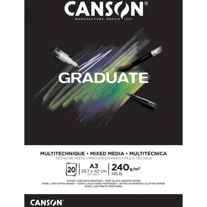 Canson Graduate Mix Media Bloc Encolado de 20 Hojas A3 - 240g - Grano Fino - Color Negro