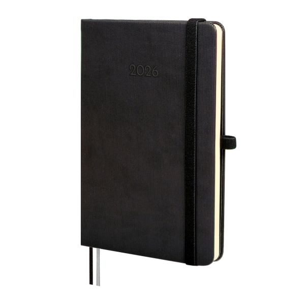 Finocam Minimal Textura Agenda en Catalan - Anual 2026 - Tapa Dura - Cierre con Goma Elastica - Formato M4 - 124x16x174mm - Semana Vista Horizontal - Color Negro