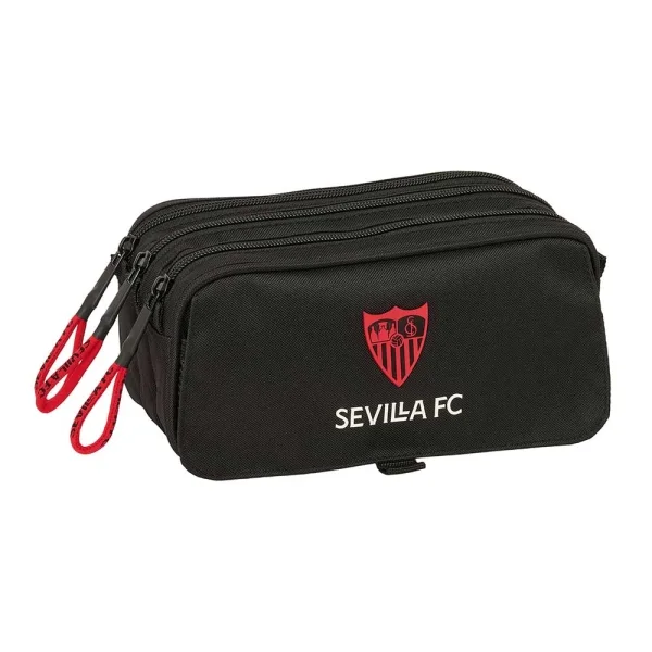 Safta Sevilla FC Portatodo - 3 Compartimentos con Cremallera - Cinta Trasera Adaptable - Bolsillo Frontal de Rejilla con Velcro - 21.5x10x8cm - Color Negro