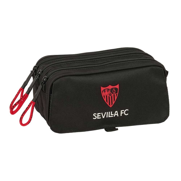 Safta Sevilla FC Portatodo - 3 Compartimentos con Cremallera - Cinta Trasera Adaptable - Bolsillo Frontal de Rejilla con Velcro - 21.5x10x8cm - Color Negro