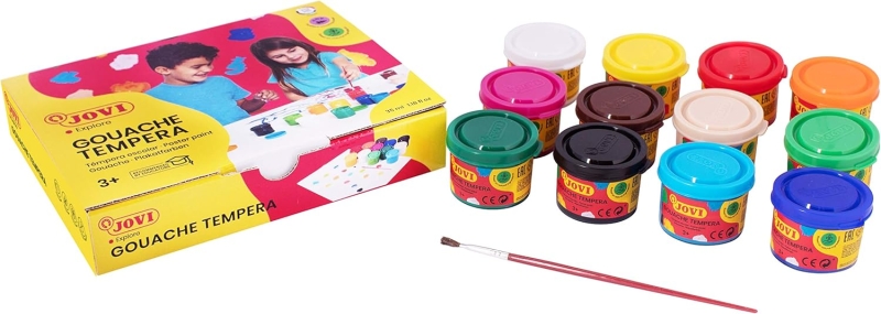 Jovi Pack con 12 Botes de Tempera 35ml - Mezclables - Para Papel, Cartulina, Madera, Tela, Pasta de Modelar y Barro - Incluye Pincel - Colores Surtidos