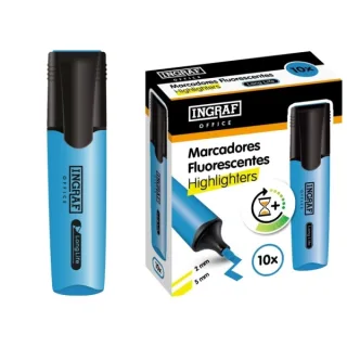 Ingraf Long-Life Marcador Fluorescente - Punta Biselada - Trazo 2-5mm - Tinta Base de Agua - Color Azul · Pack de 10 uds.