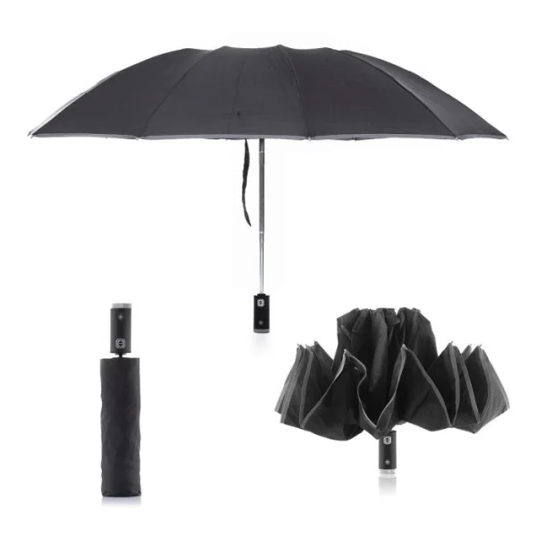 Innovagoods Folbrella Paraguas de Cierre Inverso con Luz LED - Reflectante - Antigoteo - Compacto - Ligero - Color Negro y Gris