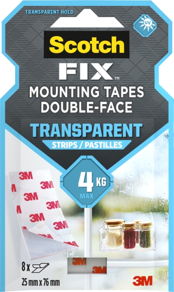 Scotch-Fix Pack de 8 Tiras de Montaje de Doble Cara Transparentes - 25x76mm - Color Transparente